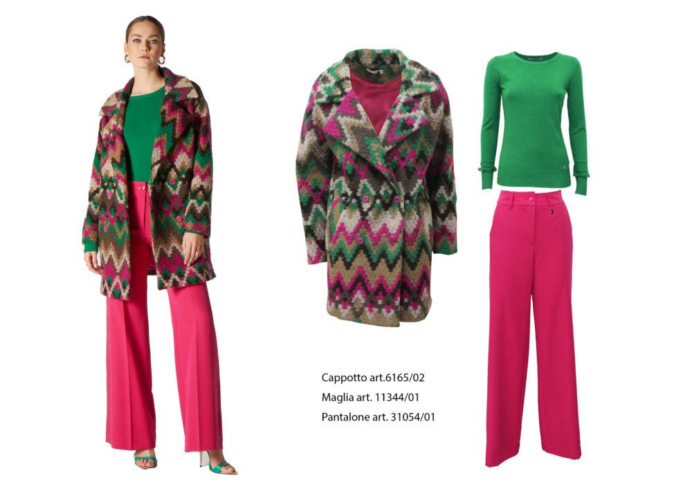 Proposte outfit dai toni fucsia cappotto modello over a fantasia etnica, pantalone fucsia e maglia verde