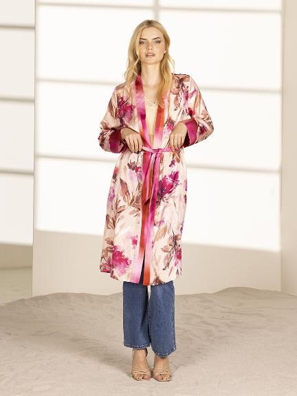 immagine 0 di Spolverino Kimono In Satin A Stampa Floreale Donna Curvy - Lizalu